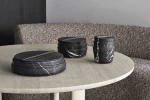 STCKD containers, design Dan Yeffet, boxes in Black Marquina marble, lids in brushed spruce, Collection Particulière